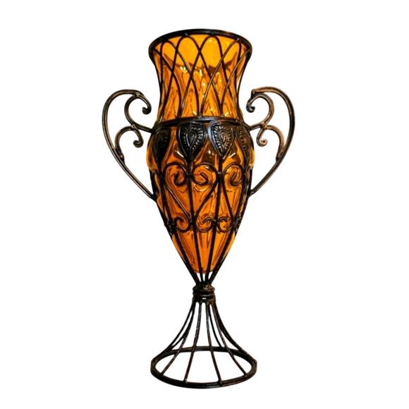 Vintage Handblown Amber Footed Vase Art Glass, Decor Vase Filigree - Picture 5 of 6